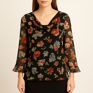 ALEX EVENINGS Black Sheer Beaded Floral Top Y2K Dark Romantic Fairy Grunge M